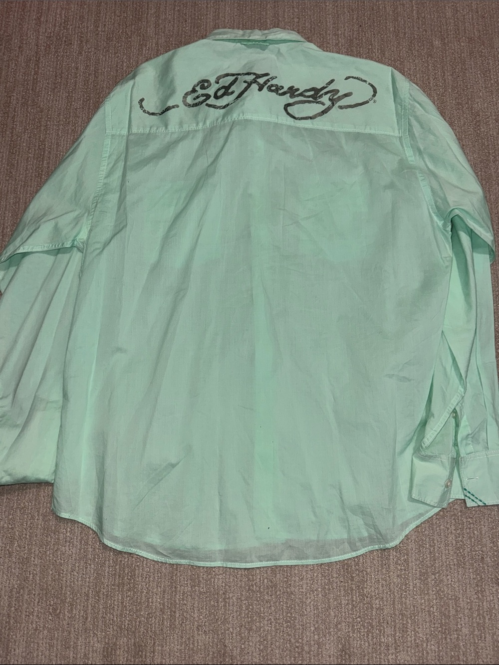 Vintage Ed Hardy Mens XL Mint Green Graphic Long Sleeve Button Up Shirt Y2K - Picture 8 of 12